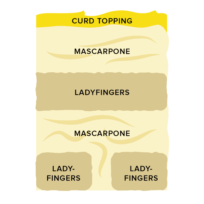 A diagram showing the different layers of our lemon tiramisu. From bottom to top: ladyfingers, mascarpone, ladyfingers, mascarpone, curd topping.
